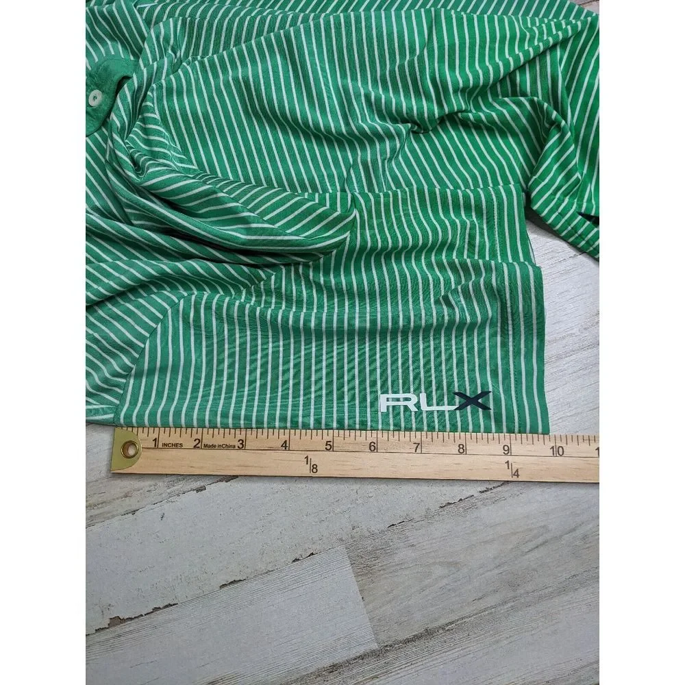 Ralph Lauren RLX Polo Shirt Mens Large Green Striped Short‎ Sleeve Logo Golf